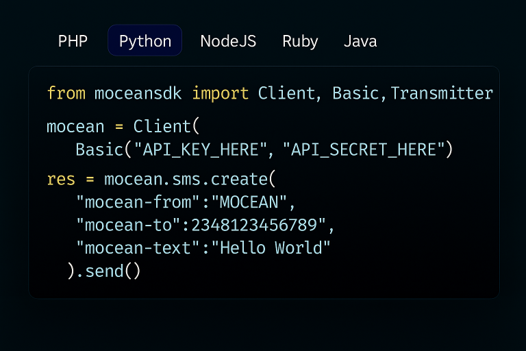 Python code sample demonstrating Mocean's SMS API for sending quick messages.
