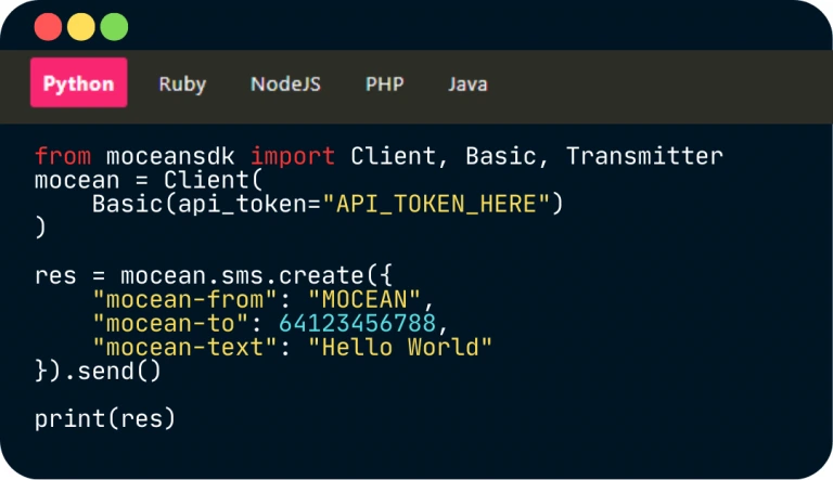 Python code sample demonstrating Mocean's SMS API for sending quick messages.